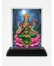 Saraswati Acrylic Car Dashboard Showpiece | Double-Sided Saraswati Photo Stand | 3 X 4 Inch Photo | Transparent Acrylic Frame With Black Base | Car Dashboard, Office & Table Decor (F71977)