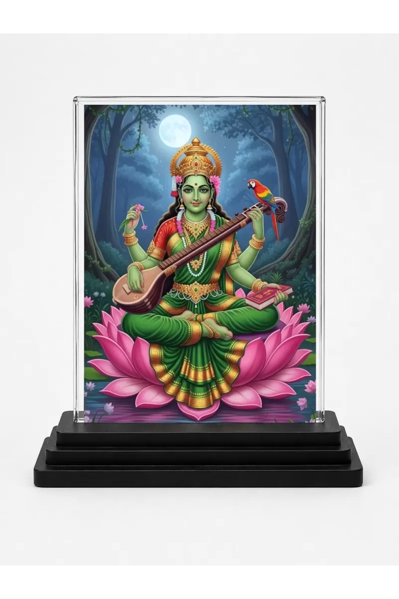 Saraswati Acrylic Car Dashboard Showpiece | Double-Sided Saraswati Photo Stand | 3 X 4 Inch Photo | Transparent Acrylic Frame With Black Base | Car Dashboard, Office & Table Decor (F71977)
