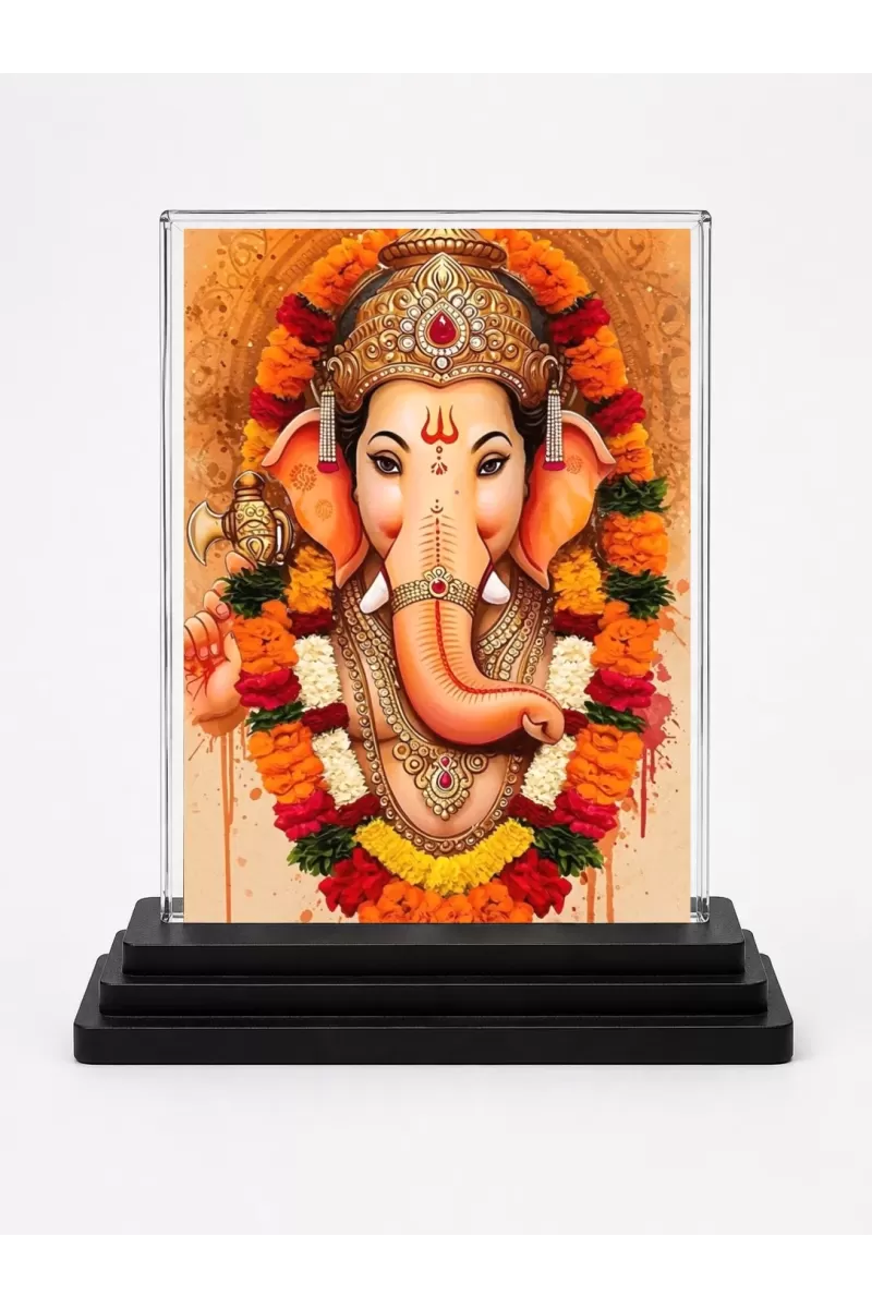 Ganesha Acrylic Car Dashboard Showpiece | Double-Sided Ganesha Photo Stand | 3 X 4 Inch Photo | Transparent Acrylic Frame With Black Base | Car Dashboard, Office & Table Decor (F71984)