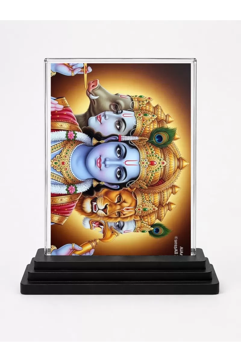 Lord Vishnu Acrylic Car Dashboard Showpiece | Double-Sided Lord Vishnu Photo Stand | 3 X 4 Inch Photo | Transparent Acrylic Frame With Black Base | Car Dashboard, Office & Table Decor (F71985)