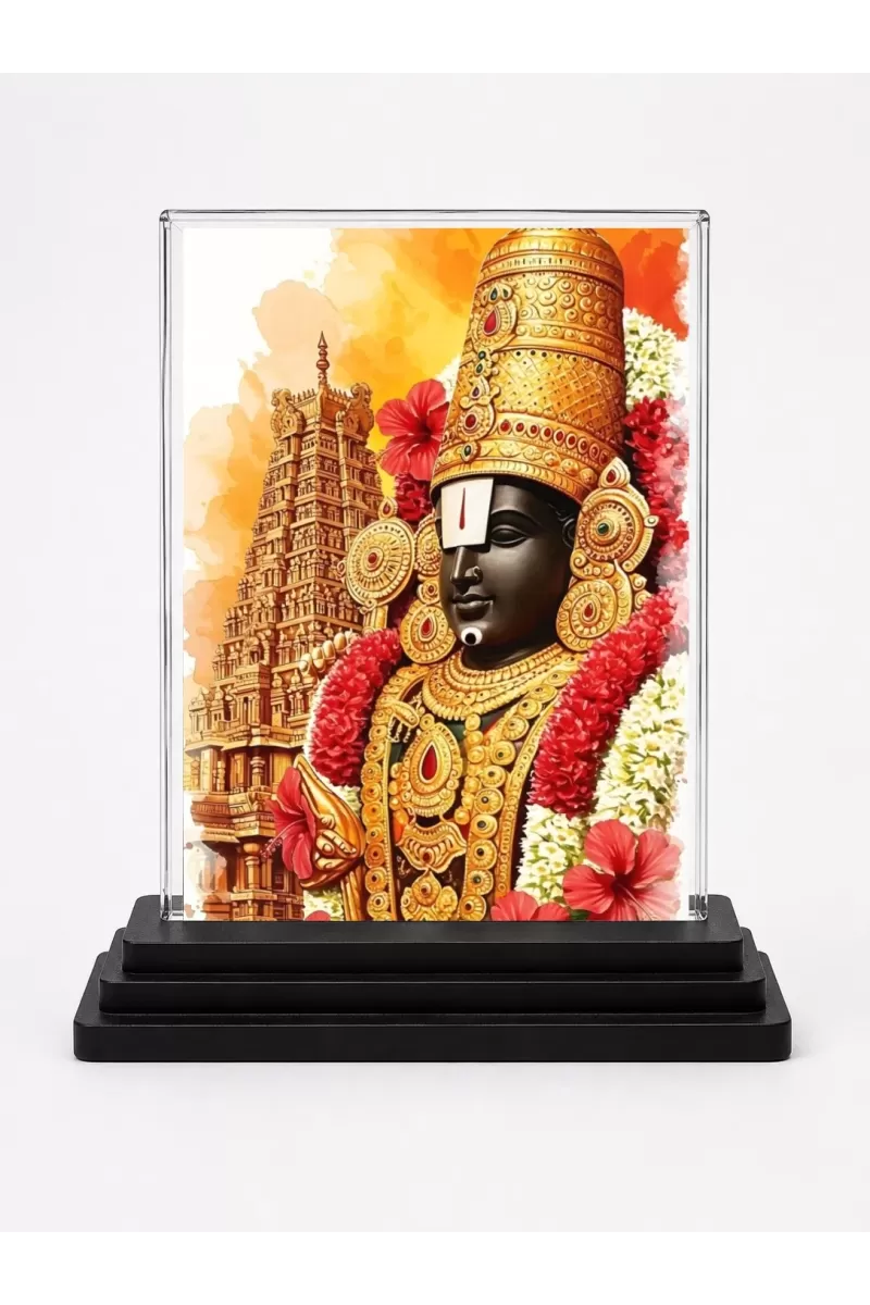 Venkateswara Acrylic Car Dashboard Showpiece | Double-Sided Venkateswara Photo Stand | 3 X 4 Inch Photo | Transparent Acrylic Frame With Black Base | Car Dashboard, Office & Table Decor (F71988)