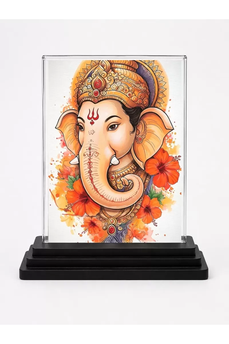 Ganesha Acrylic Car Dashboard Showpiece | Double-Sided Ganesha Photo Stand | 3 X 4 Inch Photo | Transparent Acrylic Frame With Black Base | Car Dashboard, Office & Table Decor (F71989)