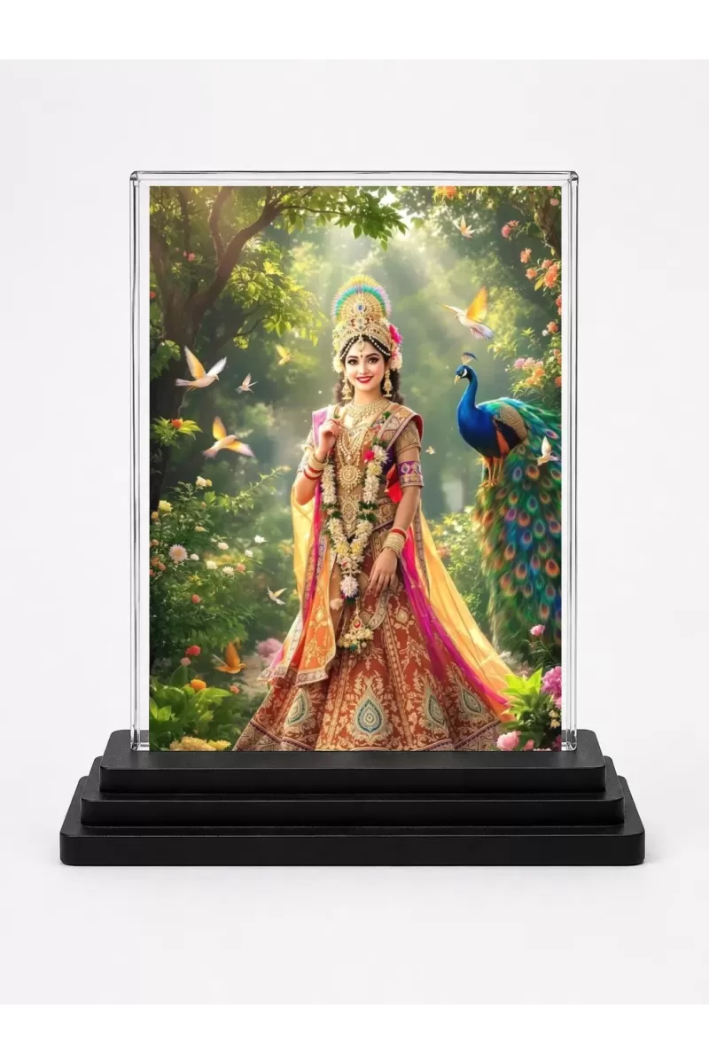 Radha Acrylic Car Dashboard Showpiece | Double-Sided Radha Photo Stand | 3 X 4 Inch Photo | Transparent Acrylic Frame With Black Base | Car Dashboard, Office & Table Decor (F71991)