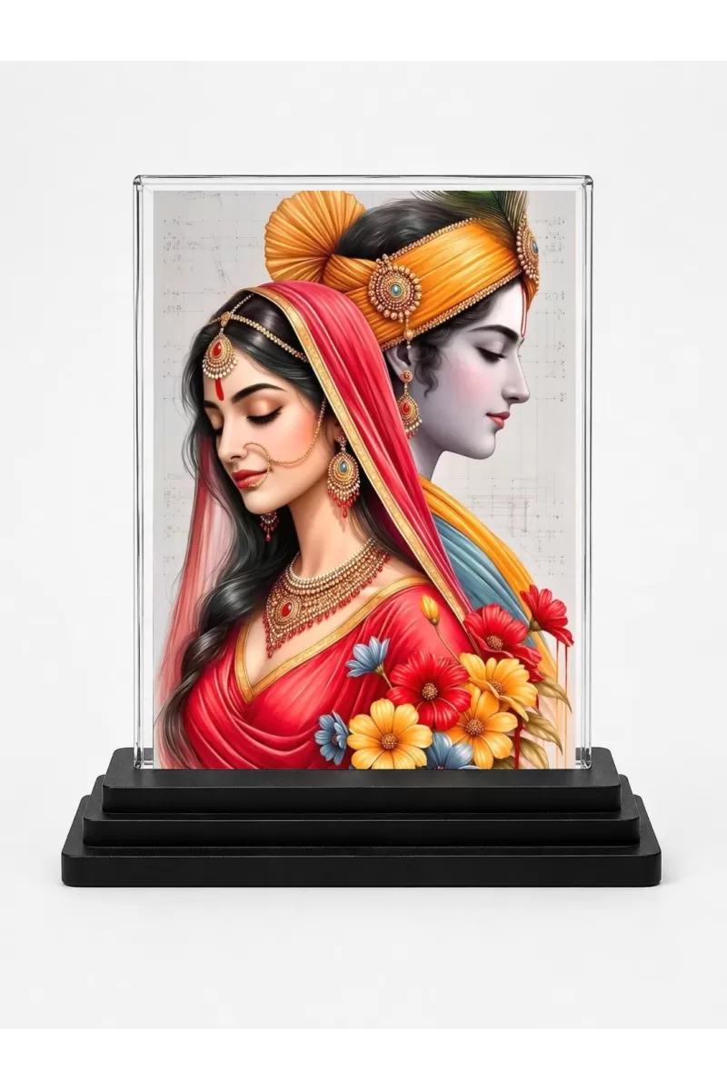 Radha Krishna Acrylic Car Dashboard Showpiece | Double-Sided Radha Krishna Photo Stand | 3 X 4 Inch Photo | Transparent Acrylic Frame With Black Base | Car Dashboard, Office & Table Decor (F71996)