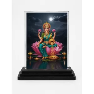 Lakshmi Acrylic Car Dashboard Showpiece | Double-Sided Lakshmi Photo Stand | 3 X 4 Inch Photo | Transparent Acrylic Frame With Black Base | Car Dashboard, Office & Table Decor (F71998)
