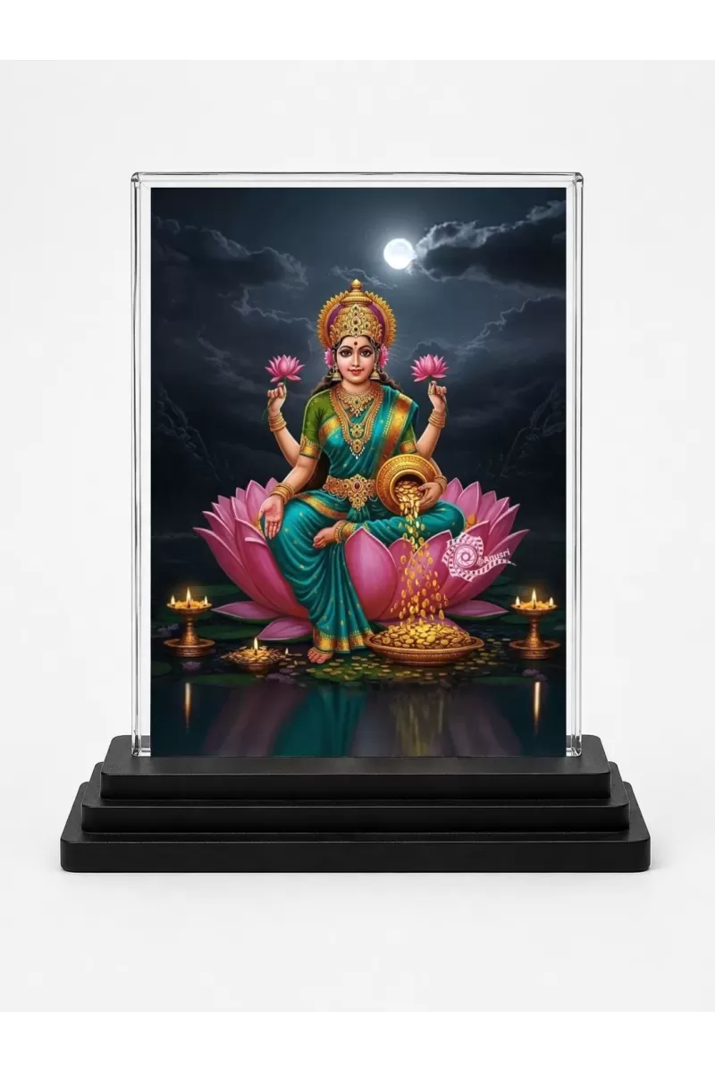 Lakshmi Acrylic Car Dashboard Showpiece | Double-Sided Lakshmi Photo Stand | 3 X 4 Inch Photo | Transparent Acrylic Frame With Black Base | Car Dashboard, Office & Table Decor (F71998)