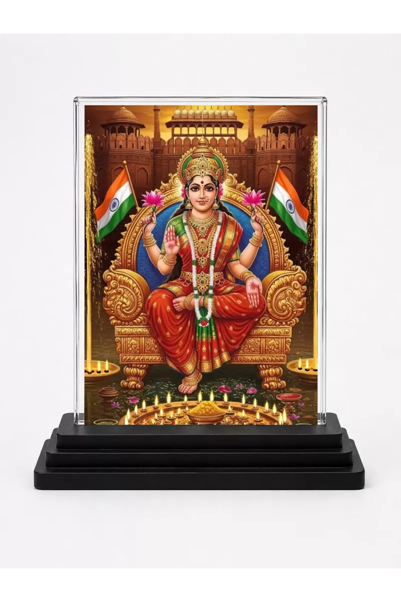 Lakshmi Acrylic Car Dashboard Showpiece | Double-Sided Lakshmi Photo Stand | 3 X 4 Inch Photo | Transparent Acrylic Frame With Black Base | Car Dashboard, Office & Table Decor (F72003)
