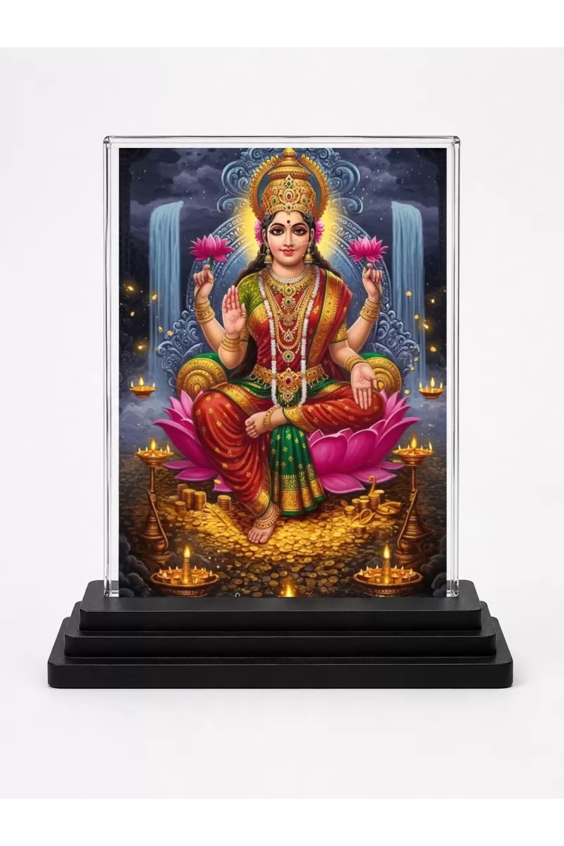Lakshmi Acrylic Car Dashboard Showpiece | Double-Sided Lakshmi Photo Stand | 3 X 4 Inch Photo | Transparent Acrylic Frame With Black Base | Car Dashboard, Office & Table Decor (F72004)
