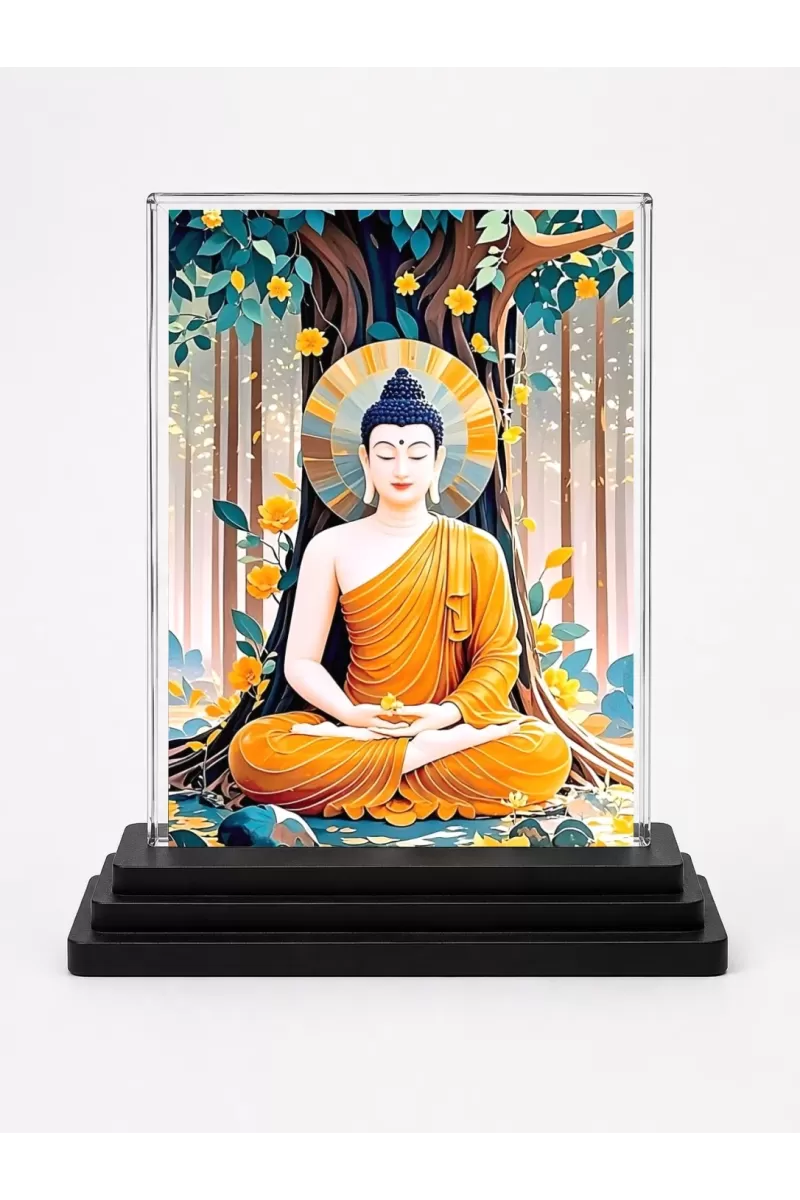 Buddha Acrylic Car Dashboard Showpiece | Double-Sided Buddha Photo Stand | 3 X 4 Inch Photo | Transparent Acrylic Frame With Black Base | Car Dashboard, Office & Table Decor (F72010)
