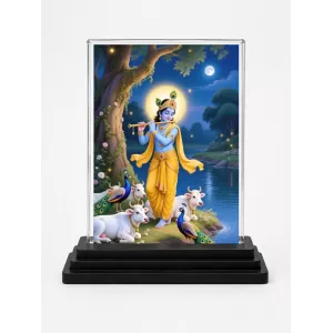 Krishna Acrylic Car Dashboard Showpiece | Double-Sided Krishna Photo Stand | 3 X 4 Inch Photo | Transparent Acrylic Frame With Black Base | Car Dashboard, Office & Table Decor (F72011)