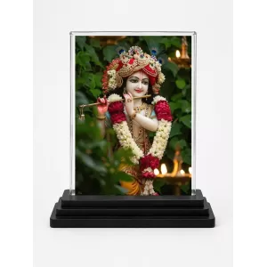 Krishna Acrylic Car Dashboard Showpiece | Double-Sided Krishna Photo Stand | 3 X 4 Inch Photo | Transparent Acrylic Frame With Black Base | Car Dashboard, Office & Table Decor (F72012)