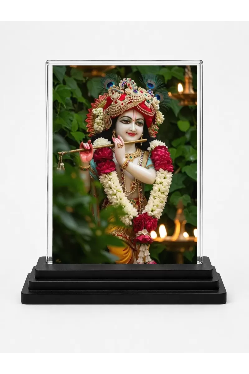 Krishna Acrylic Car Dashboard Showpiece | Double-Sided Krishna Photo Stand | 3 X 4 Inch Photo | Transparent Acrylic Frame With Black Base | Car Dashboard, Office & Table Decor (F72012)