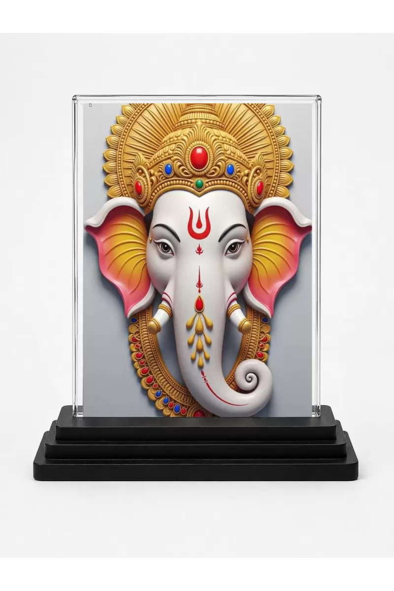 Ganesha Acrylic Car Dashboard Showpiece | Double-Sided Ganesha Photo Stand | 3 X 4 Inch Photo | Transparent Acrylic Frame With Black Base | Car Dashboard, Office & Table Decor (F72013)