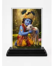 Krishna Acrylic Car Dashboard Showpiece | Double-Sided Krishna Photo Stand | 3 X 4 Inch Photo | Transparent Acrylic Frame With Black Base | Car Dashboard, Office & Table Decor (F72021)
