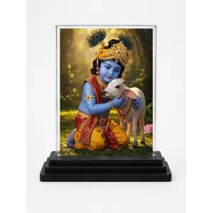 Krishna Acrylic Car Dashboard Showpiece | Double-Sided Krishna Photo Stand | 3 X 4 Inch Photo | Transparent Acrylic Frame With Black Base | Car Dashboard, Office & Table Decor (F72021)