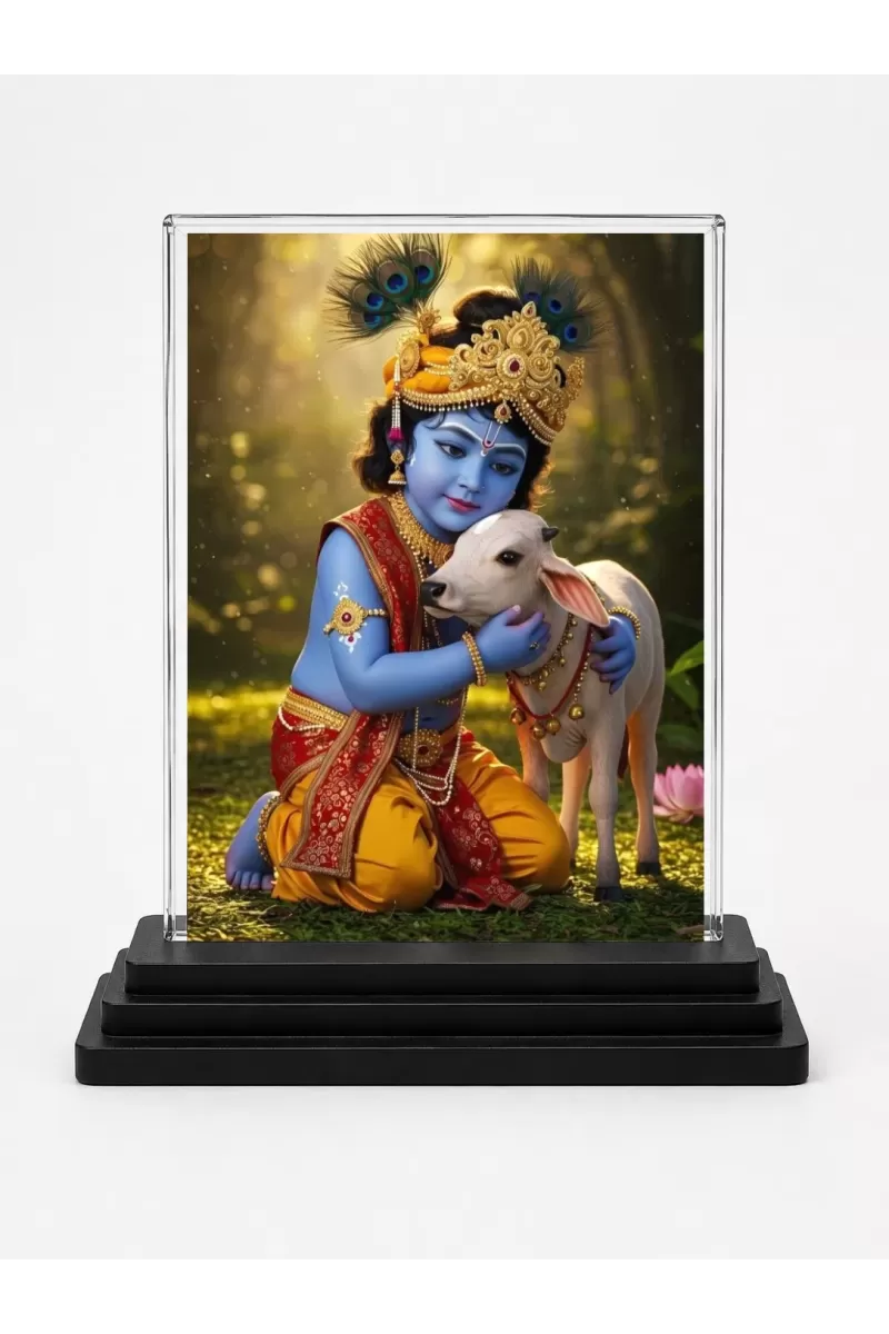 Krishna Acrylic Car Dashboard Showpiece | Double-Sided Krishna Photo Stand | 3 X 4 Inch Photo | Transparent Acrylic Frame With Black Base | Car Dashboard, Office & Table Decor (F72021)