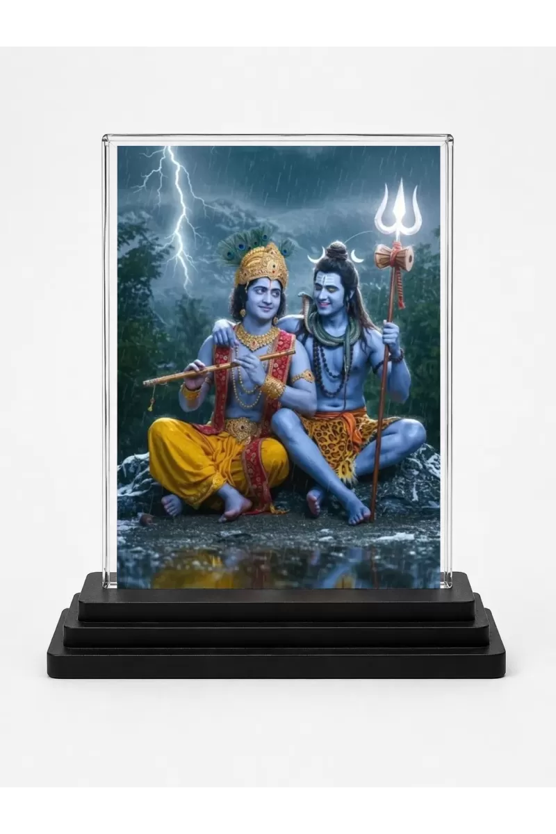 Krishna And Shiva Acrylic Car Dashboard Showpiece | Double-Sided Krishna And Shiva Photo Stand | 3 X 4 Inch Photo | Transparent Acrylic Frame With Black Base | Car Dashboard, Office & Table Decor (F72023)