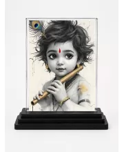 Lord Krishna Acrylic Car Dashboard Showpiece | Double-Sided Lord Krishna Photo Stand | 3 X 4 Inch Photo | Transparent Acrylic Frame With Black Base | Car Dashboard, Office & Table Decor (F72024)