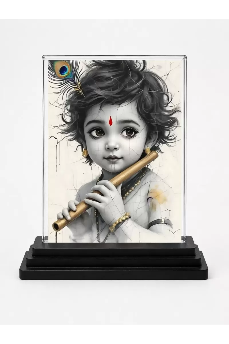 Lord Krishna Acrylic Car Dashboard Showpiece | Double-Sided Lord Krishna Photo Stand | 3 X 4 Inch Photo | Transparent Acrylic Frame With Black Base | Car Dashboard, Office & Table Decor (F72024)