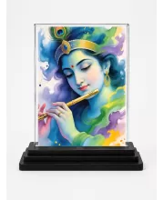 Lord Krishna Acrylic Car Dashboard Showpiece | Double-Sided Lord Krishna Photo Stand | 3 X 4 Inch Photo | Transparent Acrylic Frame With Black Base | Car Dashboard, Office & Table Decor (F72025)