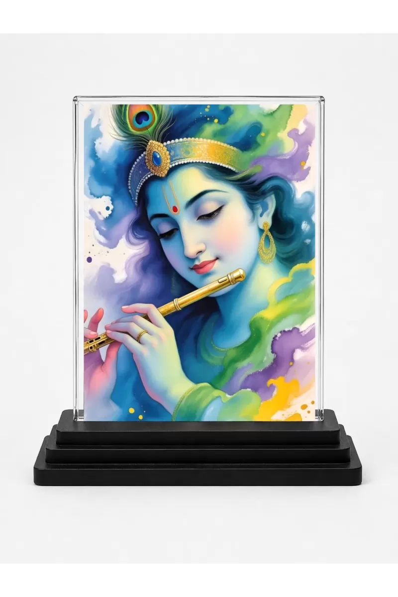 Lord Krishna Acrylic Car Dashboard Showpiece | Double-Sided Lord Krishna Photo Stand | 3 X 4 Inch Photo | Transparent Acrylic Frame With Black Base | Car Dashboard, Office & Table Decor (F72025)