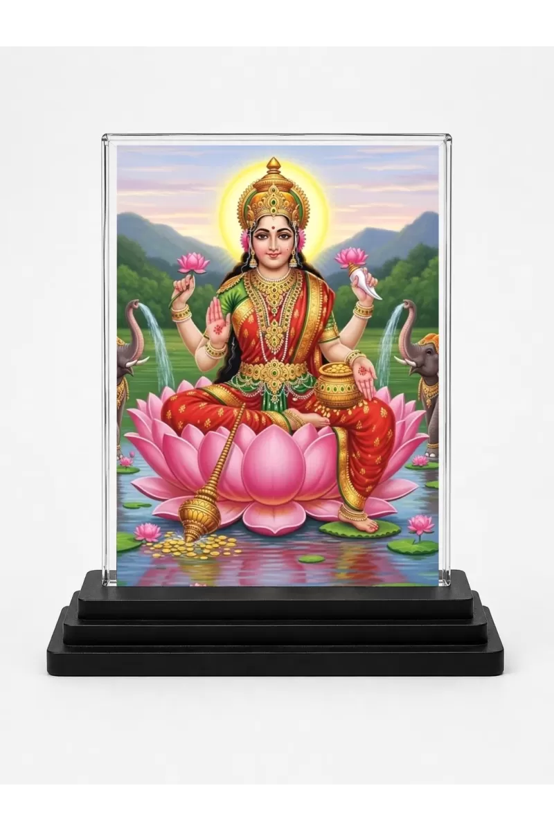 Lakshmi Acrylic Car Dashboard Showpiece | Double-Sided Lakshmi Photo Stand | 3 X 4 Inch Photo | Transparent Acrylic Frame With Black Base | Car Dashboard, Office & Table Decor (F72027)
