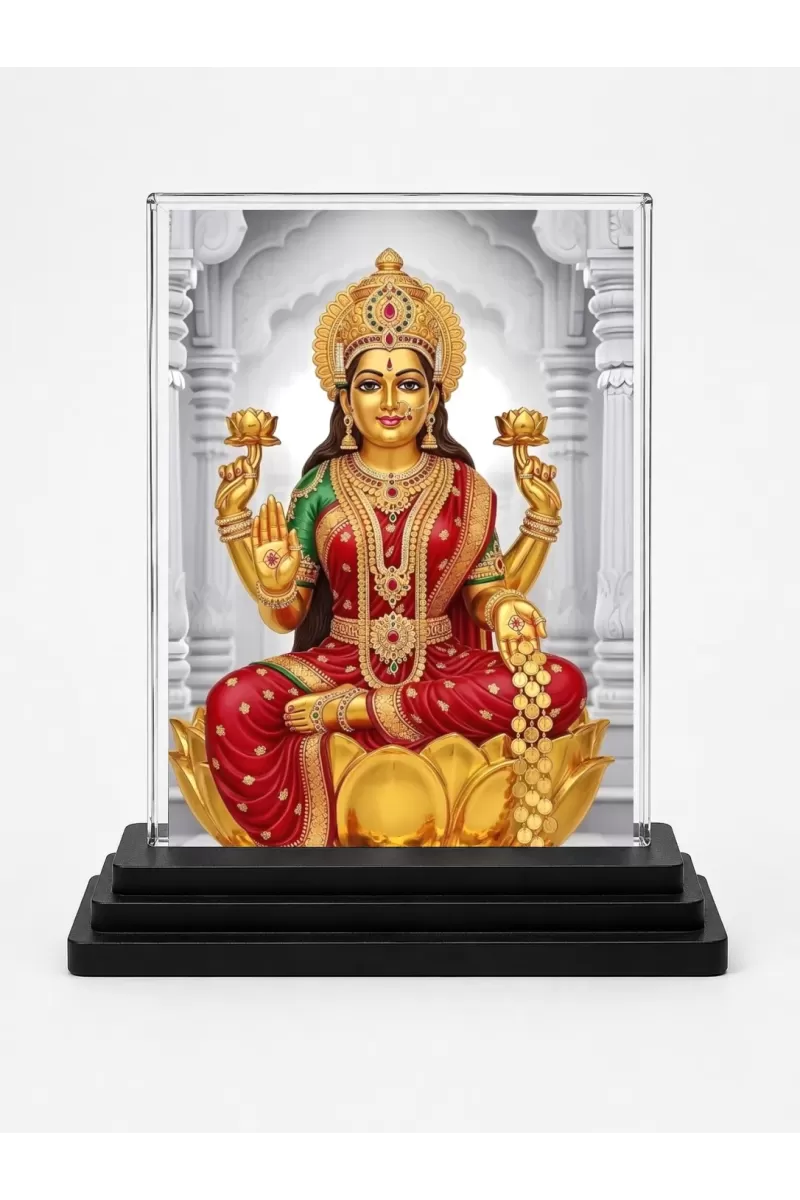 Lakshmi Acrylic Car Dashboard Showpiece | Double-Sided Lakshmi Photo Stand | 3 X 4 Inch Photo | Transparent Acrylic Frame With Black Base | Car Dashboard, Office & Table Decor (F72028)