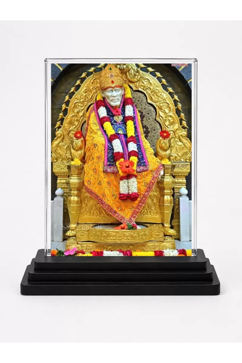Sai Baba Acrylic Car Dashboard Showpiece | Double-Sided Sai Baba Photo Stand | 3 X 4 Inch Photo | Transparent Acrylic Frame With Black Base | Car Dashboard, Office & Table Decor (F72029)