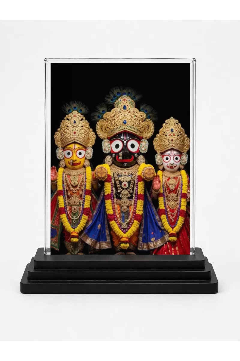 Jagannatha Acrylic Car Dashboard Showpiece | Double-Sided Jagannatha Photo Stand | 3 X 4 Inch Photo | Transparent Acrylic Frame With Black Base | Car Dashboard, Office & Table Decor (F72030)