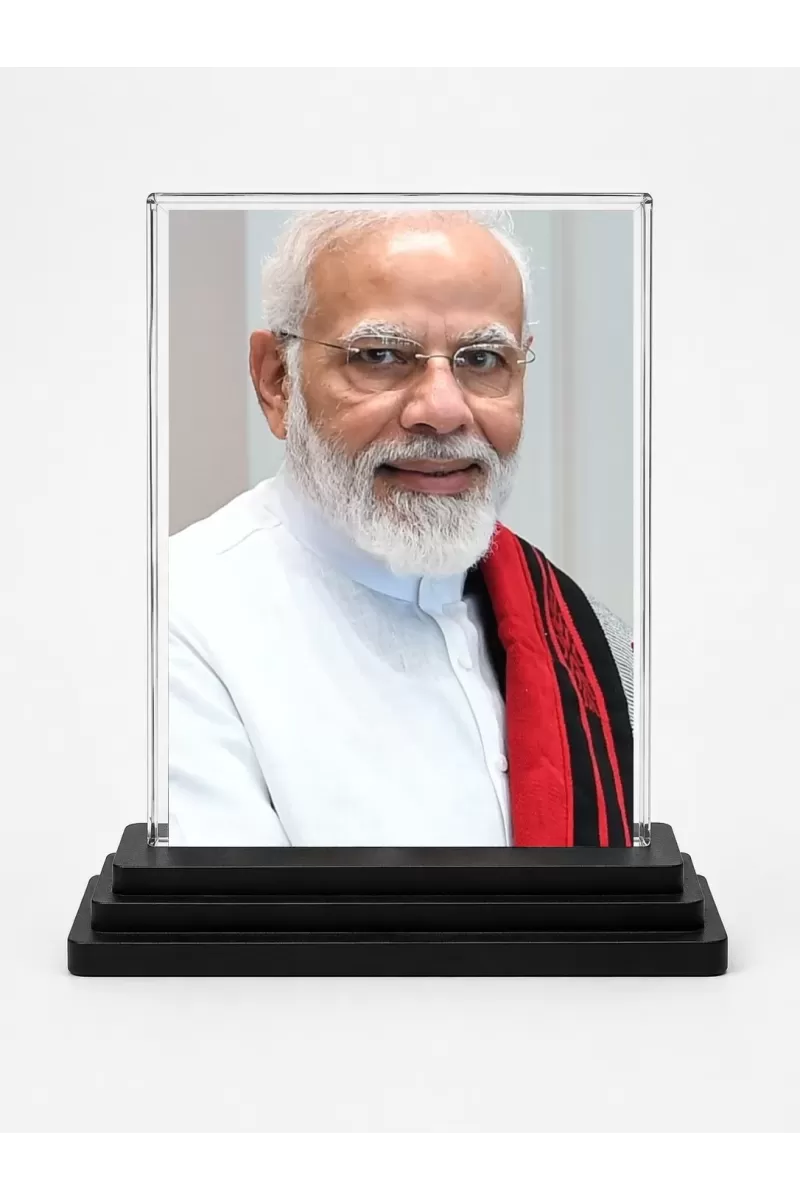 Narendra Modi Acrylic Car Dashboard Showpiece | Double-Sided Narendra Modi Photo Stand | 3 X 4 Inch Photo | Transparent Acrylic Frame With Black Base | Car Dashboard, Office & Table Decor (F72031)