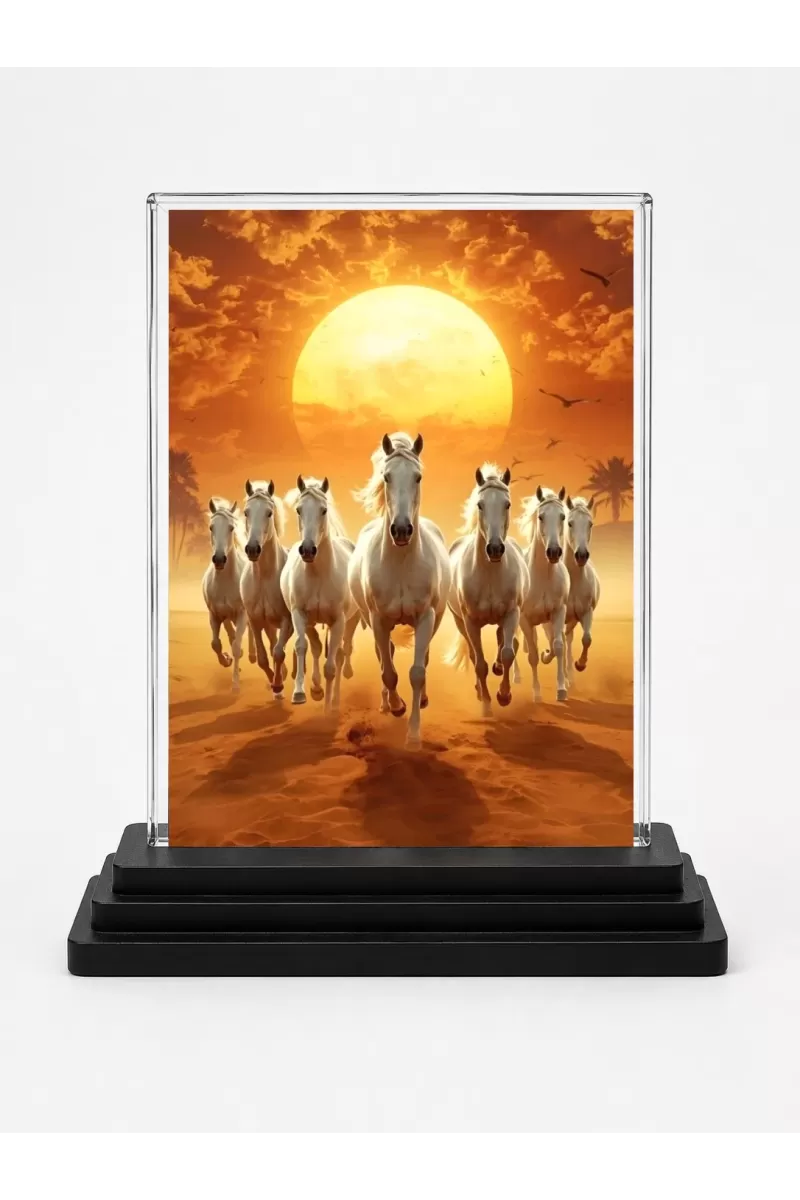 Running Horse Acrylic Car Dashboard Showpiece | Double-Sided Running Horse Photo Stand | 3 X 4 Inch Photo | Transparent Acrylic Frame With Black Base | Car Dashboard, Office & Table Decor (F72032)