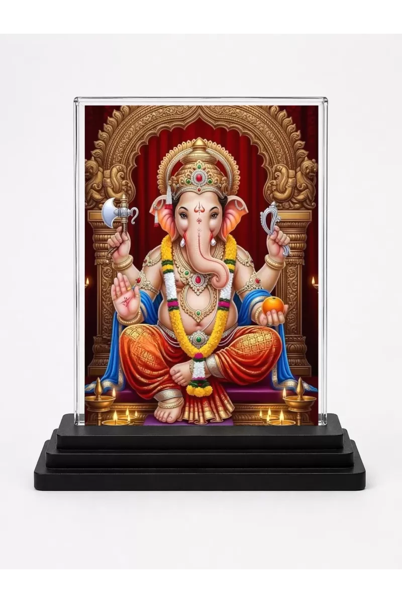 Ganesha Acrylic Car Dashboard Showpiece | Double-Sided Ganesha Photo Stand | 3 X 4 Inch Photo | Transparent Acrylic Frame With Black Base | Car Dashboard, Office & Table Decor (F72033)