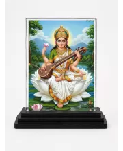 Saraswati Acrylic Car Dashboard Showpiece | Double-Sided Saraswati Photo Stand | 3 X 4 Inch Photo | Transparent Acrylic Frame With Black Base | Car Dashboard, Office & Table Decor (F72034)