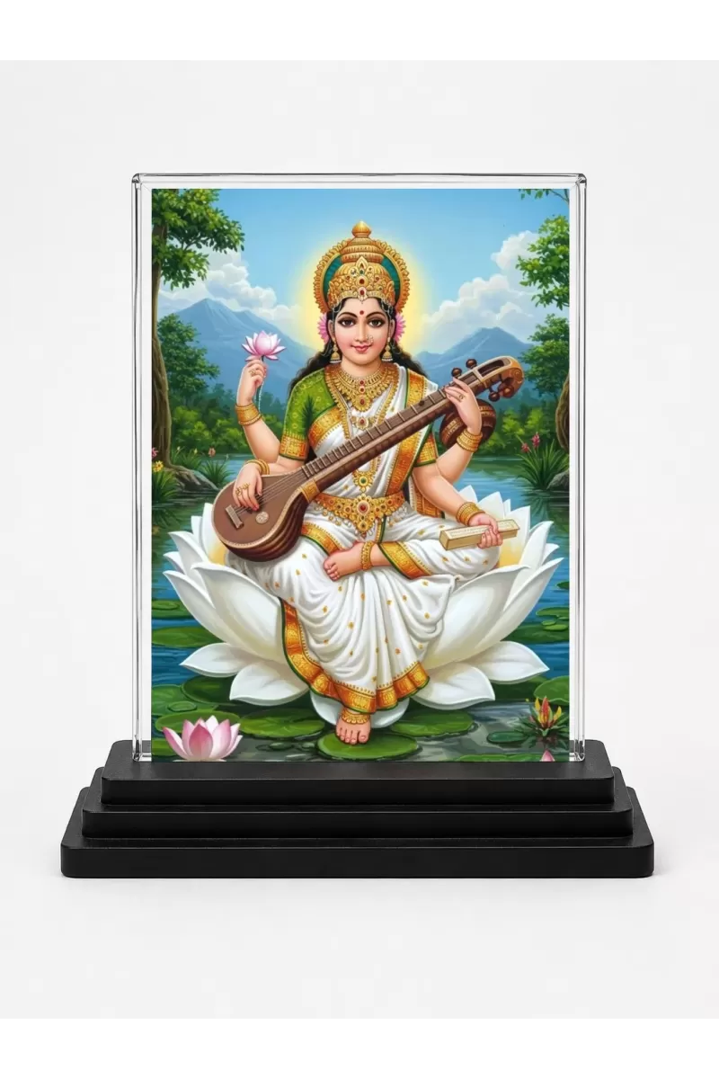 Saraswati Acrylic Car Dashboard Showpiece | Double-Sided Saraswati Photo Stand | 3 X 4 Inch Photo | Transparent Acrylic Frame With Black Base | Car Dashboard, Office & Table Decor (F72034)