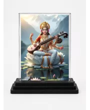 Saraswati Acrylic Car Dashboard Showpiece | Double-Sided Saraswati Photo Stand | 3 X 4 Inch Photo | Transparent Acrylic Frame With Black Base | Car Dashboard, Office & Table Decor (F72035)