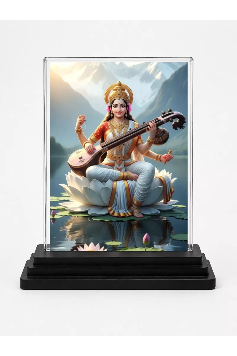 Saraswati Acrylic Car Dashboard Showpiece | Double-Sided Saraswati Photo Stand | 3 X 4 Inch Photo | Transparent Acrylic Frame With Black Base | Car Dashboard, Office & Table Decor (F72035)
