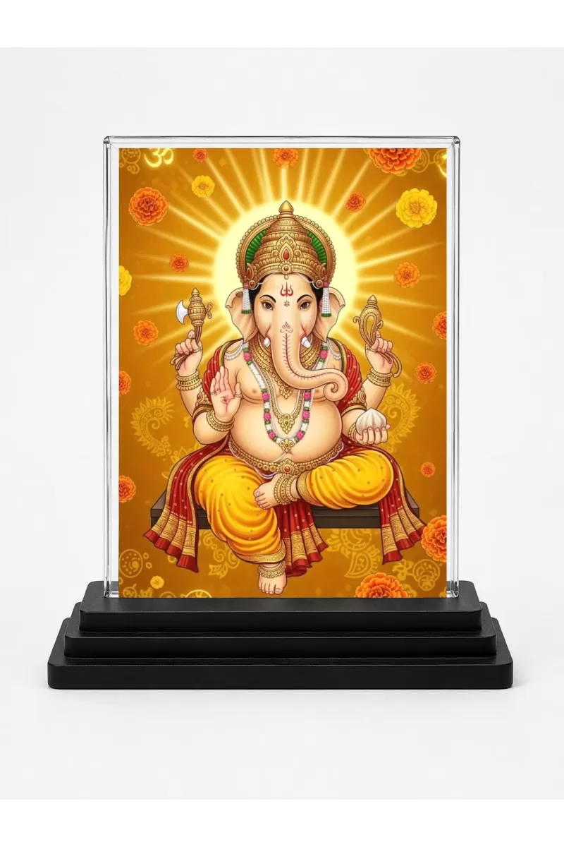 Ganesha Acrylic Car Dashboard Showpiece | Double-Sided Ganesha Photo Stand | 3 X 4 Inch Photo | Transparent Acrylic Frame With Black Base | Car Dashboard, Office & Table Decor (F72036)