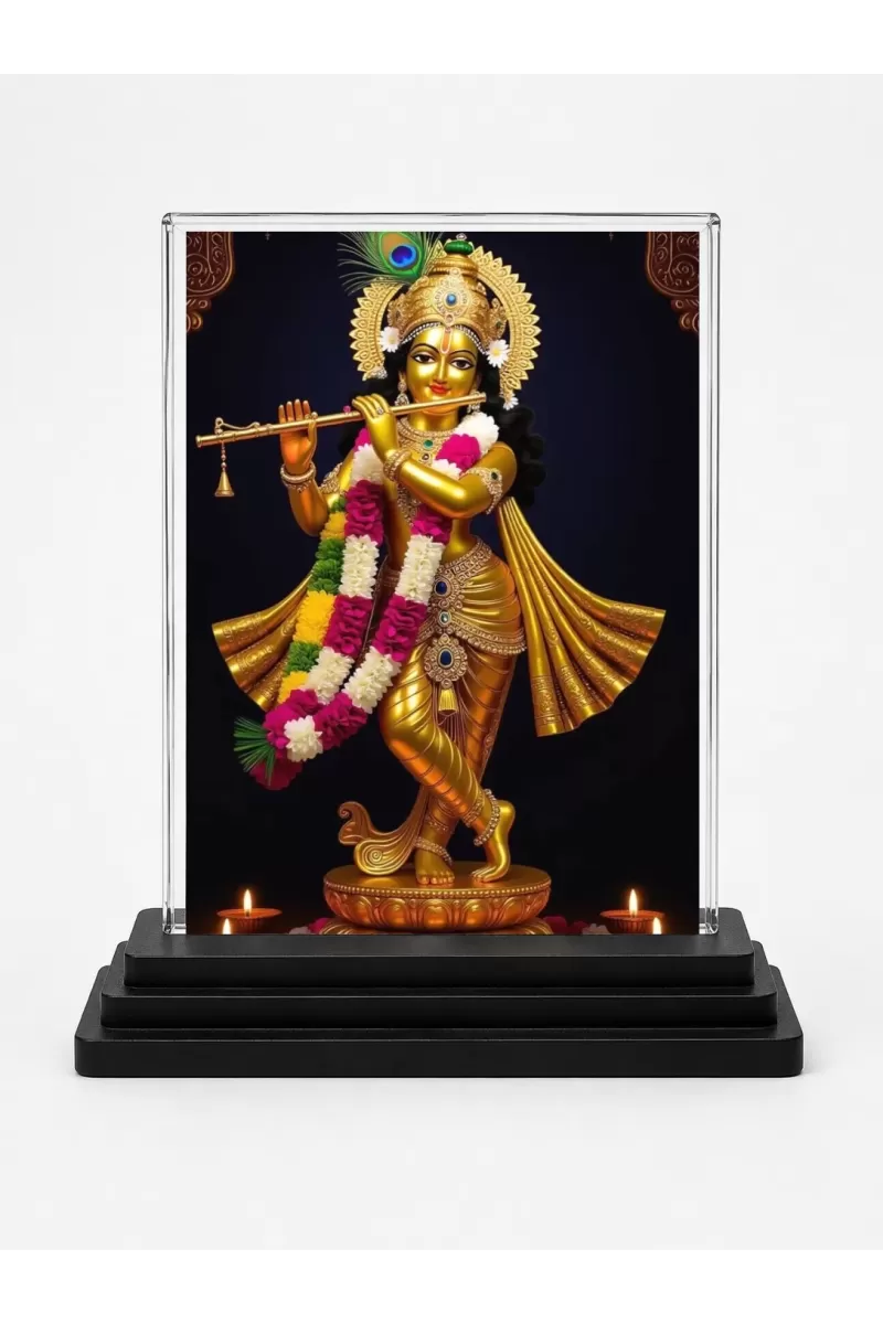 Lord Krishna Acrylic Car Dashboard Showpiece | Double-Sided Lord Krishna Photo Stand | 3 X 4 Inch Photo | Transparent Acrylic Frame With Black Base | Car Dashboard, Office & Table Decor (F72037)