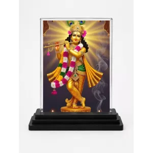 Krishna Acrylic Car Dashboard Showpiece | Double-Sided Krishna Photo Stand | 3 X 4 Inch Photo | Transparent Acrylic Frame With Black Base | Car Dashboard, Office & Table Decor (F72038)