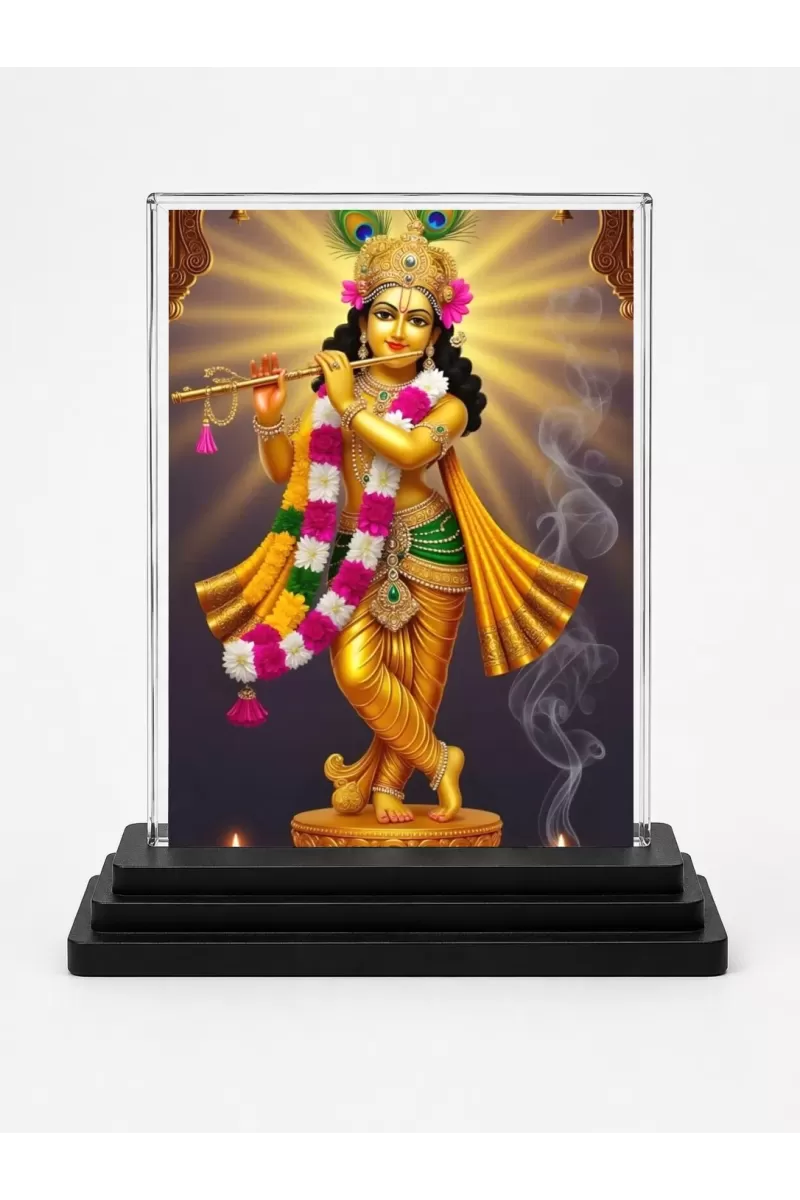 Krishna Acrylic Car Dashboard Showpiece | Double-Sided Krishna Photo Stand | 3 X 4 Inch Photo | Transparent Acrylic Frame With Black Base | Car Dashboard, Office & Table Decor (F72038)