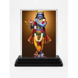 Krishna Acrylic Car Dashboard Showpiece | Double-Sided Krishna Photo Stand | 3 X 4 Inch Photo | Transparent Acrylic Frame With Black Base | Car Dashboard, Office & Table Decor (F72039)