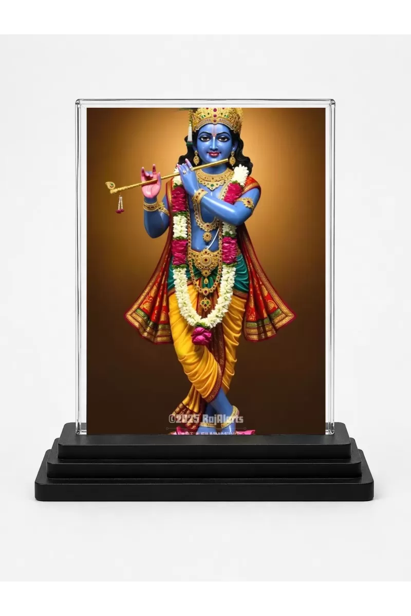 Krishna Acrylic Car Dashboard Showpiece | Double-Sided Krishna Photo Stand | 3 X 4 Inch Photo | Transparent Acrylic Frame With Black Base | Car Dashboard, Office & Table Decor (F72039)