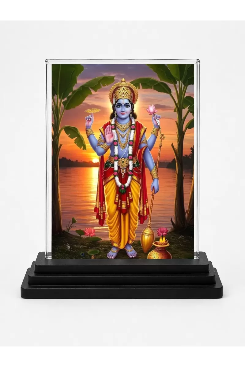 Vishnu Acrylic Car Dashboard Showpiece | Double-Sided Vishnu Photo Stand | 3 X 4 Inch Photo | Transparent Acrylic Frame With Black Base | Car Dashboard, Office & Table Decor (F72040)