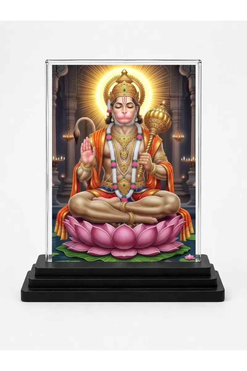 Hanuman Acrylic Car Dashboard Showpiece | Double-Sided Hanuman Photo Stand | 3 X 4 Inch Photo | Transparent Acrylic Frame With Black Base | Car Dashboard, Office & Table Decor (F72041)