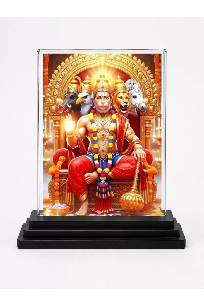 Hanuman Acrylic Car Dashboard Showpiece | Double-Sided Hanuman Photo Stand | 3 X 4 Inch Photo | Transparent Acrylic Frame With Black Base | Car Dashboard, Office & Table Decor (F72042)