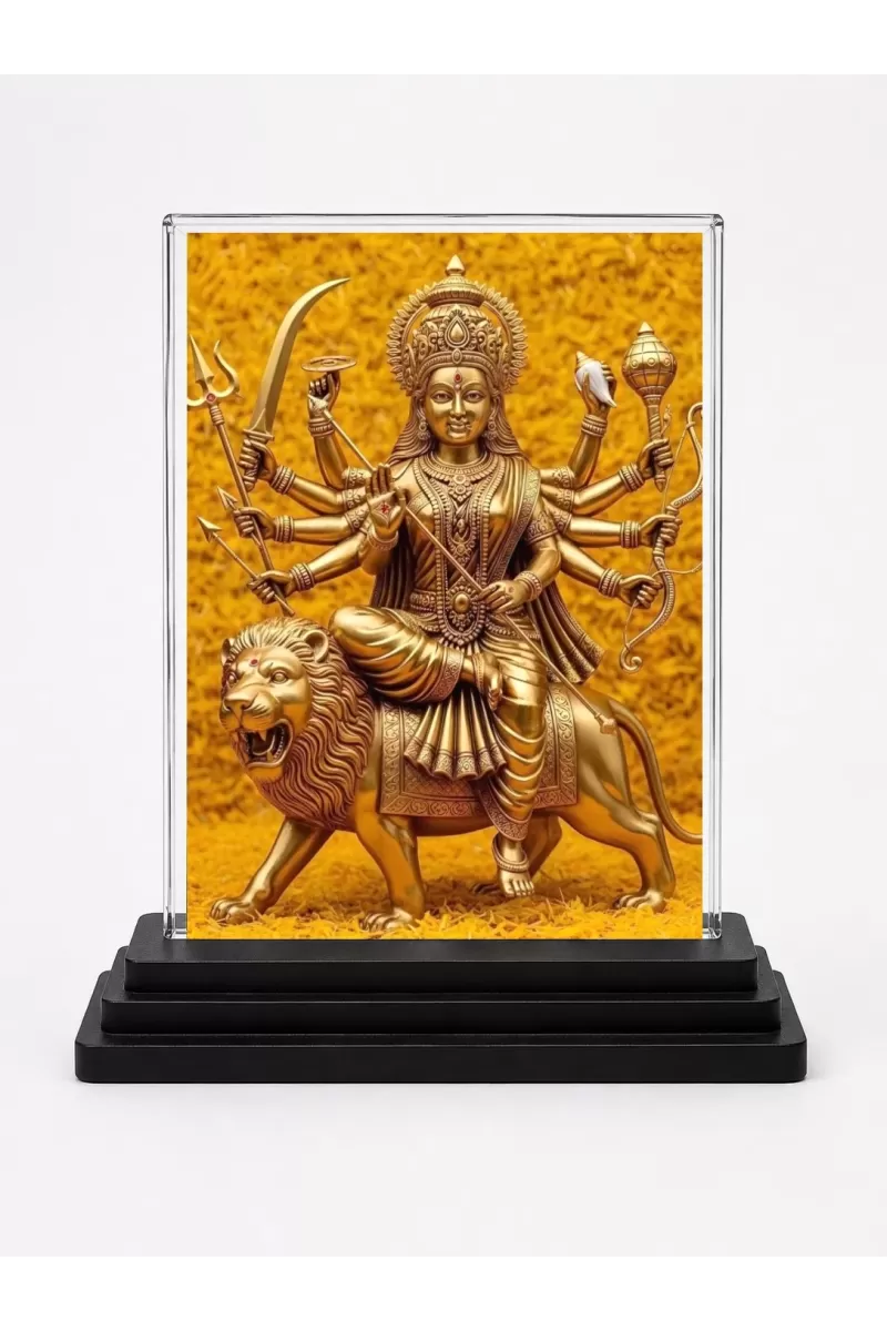 Goddess Durga Acrylic Car Dashboard Showpiece | Double-Sided Goddess Durga Photo Stand | 3 X 4 Inch Photo | Transparent Acrylic Frame With Black Base | Car Dashboard, Office & Table Decor (F72044)