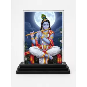 Shree Krishna Acrylic Car Dashboard Showpiece | Double-Sided Shree Krishna Photo Stand | 3 X 4 Inch Photo | Transparent Acrylic Frame With Black Base | Car Dashboard, Office & Table Decor (F72045)