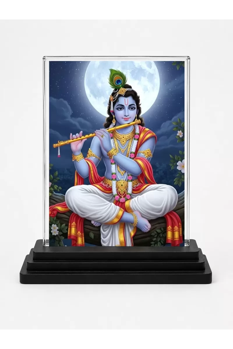 Shree Krishna Acrylic Car Dashboard Showpiece | Double-Sided Shree Krishna Photo Stand | 3 X 4 Inch Photo | Transparent Acrylic Frame With Black Base | Car Dashboard, Office & Table Decor (F72045)