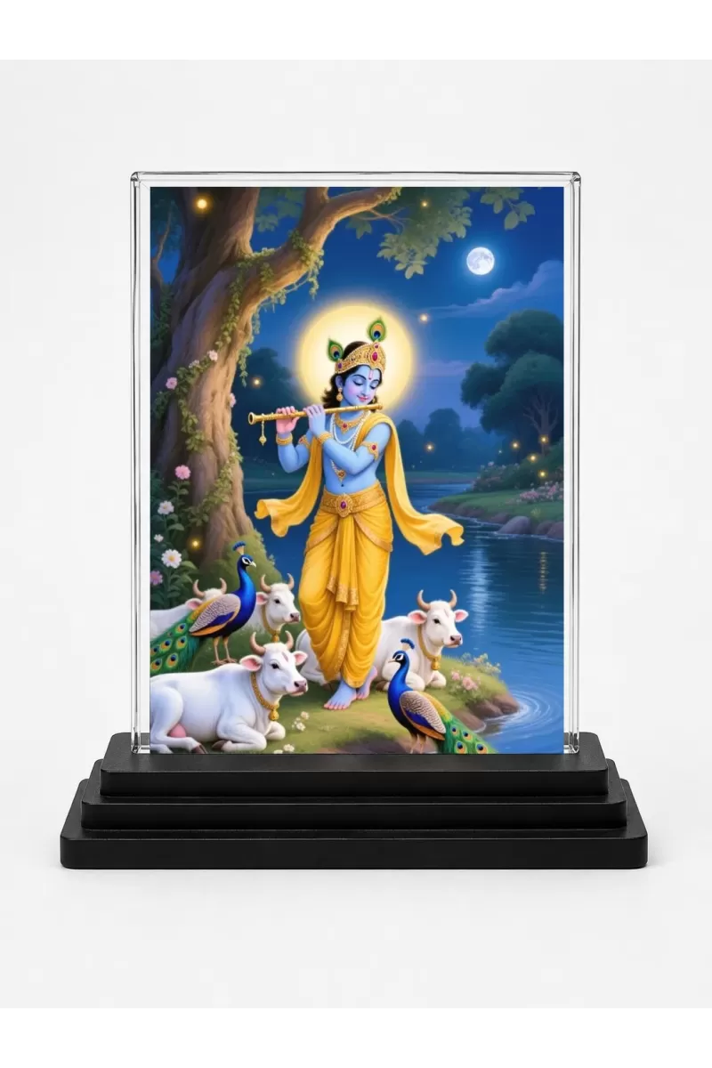 Shree Krishna Acrylic Car Dashboard Showpiece | Double-Sided Shree Krishna Photo Stand | 3 X 4 Inch Photo | Transparent Acrylic Frame With Black Base | Car Dashboard, Office & Table Decor (F72046)