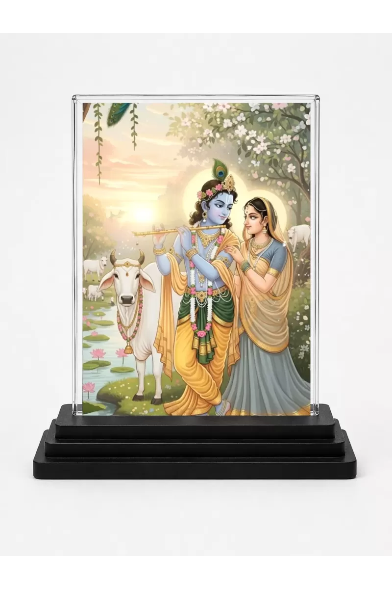 Shree Krishna Acrylic Car Dashboard Showpiece | Double-Sided Shree Krishna Photo Stand | 3 X 4 Inch Photo | Transparent Acrylic Frame With Black Base | Car Dashboard, Office & Table Decor (F72047)